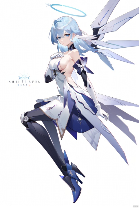  score_9, score_8_up, score_7_up, score_6_up,
zgn,1girl,long hair,halo,blue eyes,gloves,bangs,white dress,bare shoulders,blue hair,blue footwear,
jijia, 2d, anime, 1girl, solo, breasts, white background, looking at viewer, wings, mecha musume, hand on own chest, bodysuit, simple background, mechanical wings, bangs, character name, medium breasts, sideboob, closed mouth,a drawing of a female anime character,a girl and a black and white sword
