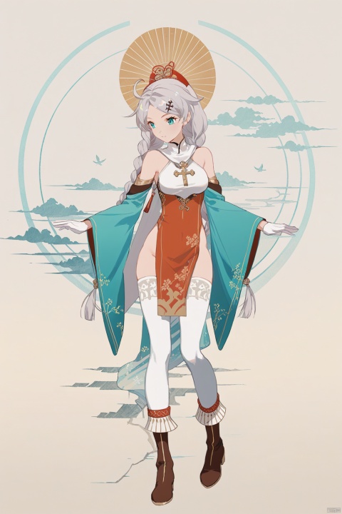  line art,line style,as style,best quality,masterpiece,
 The image features a Q version of cute cartoon girl wearing ancient costume, simple pattern, full body portrait, standing pose, legs straight, hands on both sides, minimalist painter style, ancient Chinese style, vector illustration, clean background
kiana kaslana, shennv, 8th clothes, 1girl, nun, braid, twin braids, bare shoulders, bangs, boots, white thighhighs, gloves, hair ornament, long hair,