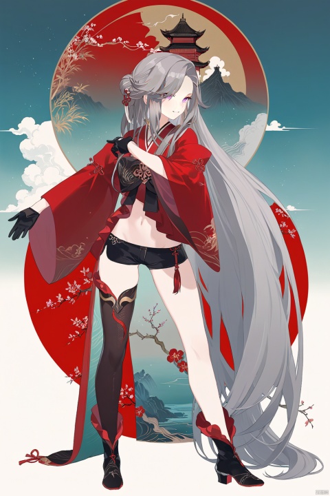  line art,line style,as style,best quality,masterpiece,
 The image features a Q version of cute cartoon girl wearing ancient costume, simple pattern, full body portrait, standing pose, legs straight, hands on both sides, minimalist painter style, ancient Chinese style, vector illustration, clean background
Thelema, 1girl, black gloves, very long hair, purple eyes, navel, single thighhigh, black short shorts, grey hair, hair ornament,boots