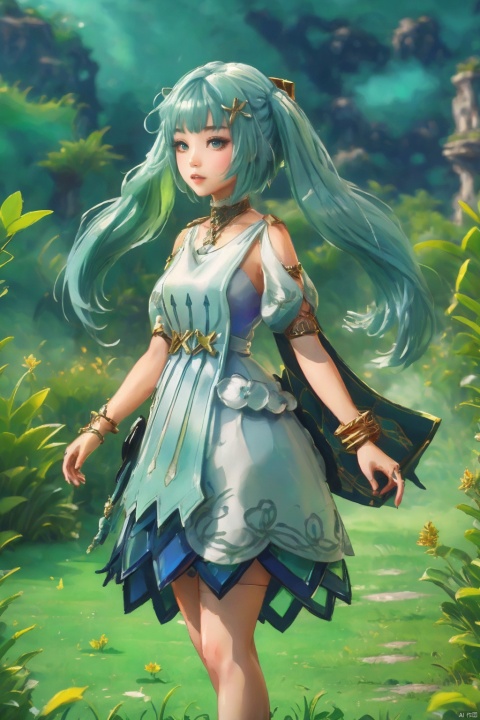 Best Quality, Very Good, 16K, Ridiculous, Very Detailed, Background Grassland ((Masterpiece Full of Fantasy Elements))), ((Best Quality)), ((Intricate Details)) (8K),
fls,def clothe,1girl,dress,jewelry,bracelet,twintails,long hair,hair ornament,bangs,