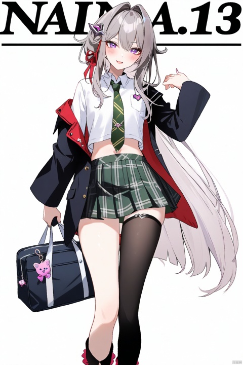  nai3,masterpiece, best quality,1girl, alternate costume, solo, bag, looking at viewer, blush, plaid, charm (object), bag charm, bangs, contemporary, sidelocks, jewelry, character name, female woman, white background, \\\\\\\\\ nai3, masterpiece, best quality,1girl, school uniform, alternate costume, solo, skirt, bag, necktie, multicolored hair, looking at viewer, blush, plaid skirt, school bag, plaid, charm (object), bag charm, sidelocks, jewelry, pleated skirt, green skirt, white shirt, green necktie, collared shirt, character name, female child, white background,school_uniform,school_girl,school_uniforms, \\\\\\\\\\\, Thelema, 1girl,   very long hair, purple eyes, navel, single thighhigh,   grey hair, hair ornament, boots