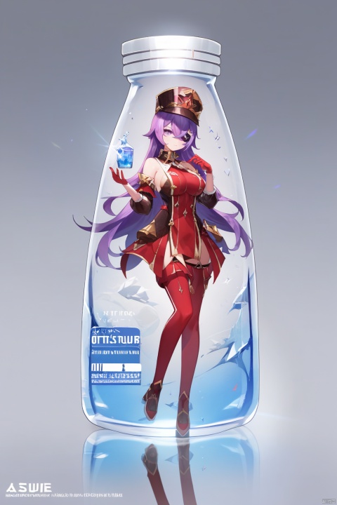  score_9, score_8_up, score_7_up, score_6_up,
xwl, def clothe, 1girl, eyepatch, purple hair, purple eyes, long hair, hat, red gloves,

 jjijia, 2d, anime, 1girl, solo, long hair, breasts, looking at viewer, in container, bangs, standing, hand up, character name, large breasts, grey background, reflection, medium breasts, copyright name, gradient, a glass bottle with a picture of a woman on it, a picture of a girl inside a clear container with a bunch of stuff in it,