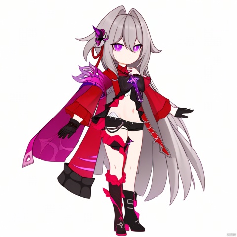  style-parody,chibi,,full_body,(masterpiece, best quality),standing,solo,(white background:1.2),simple background,
Thelema, 1girl, black gloves, very long hair, purple eyes, navel, single thighhigh, black short shorts, grey hair, hair ornament, boots