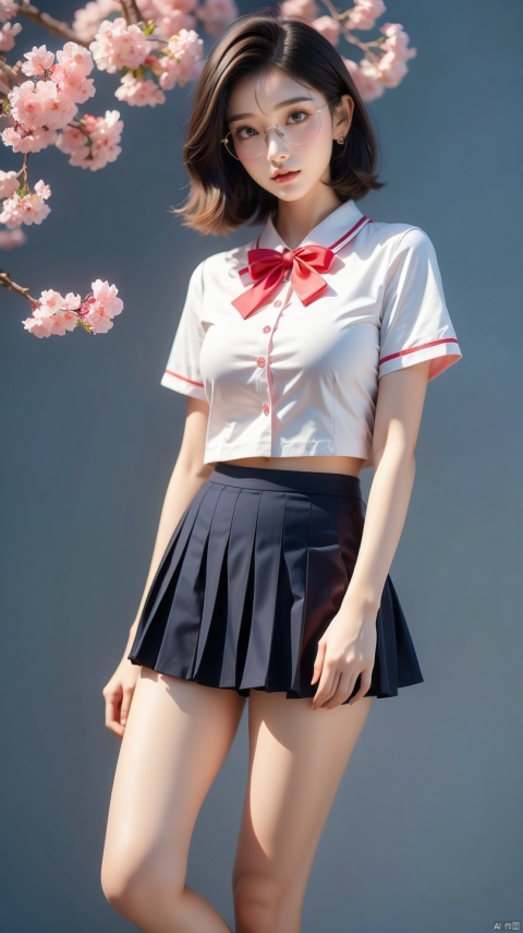  Best Quality, masterpiece, navy blue background, (Pure Blue-16K-1JK, JK, uniform, 1 girl, glasses, blonde short hair, school uniform, pink skirt, sneakers, body, petals falling, cherry blossom background, big breasts, Light master