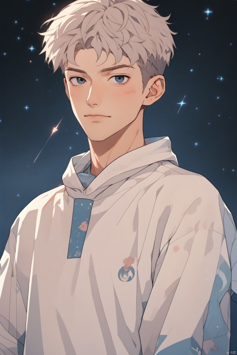  1boy, masterpiece,quiff, detailed eyes, solo, upper body,sboe,juvenile,Becoming a man, Formed by light,starry_background, cozy anime