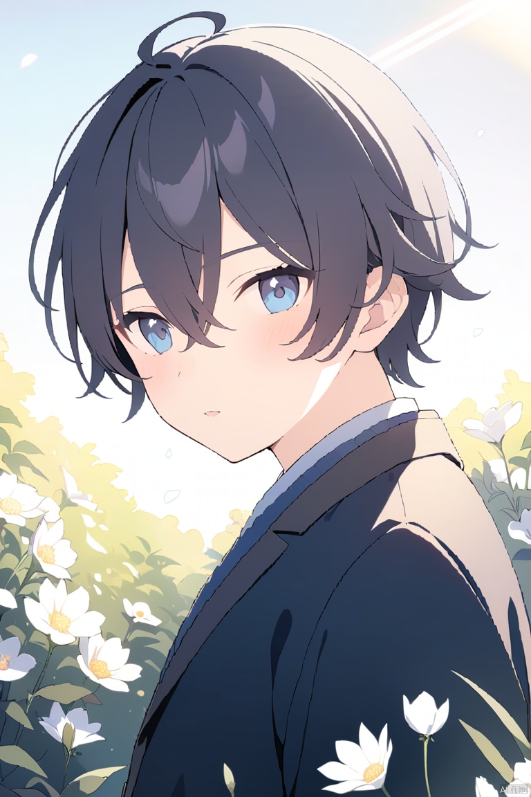  (official art, 8k wallpaper, ultra detailed, High quality, best quality),white flowers ,1boy, male focus, hair between eyes,Facing the camera,vintage filter,among flowers, backlight, lhj,bright light, sboe, Close range, colorful flowers