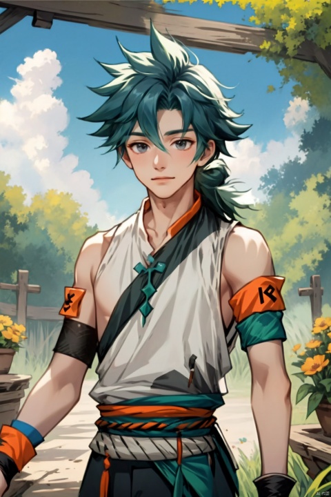  1boy, wzry ,qi ,green hair, sky ,flower, cute, :), Armband, Wrist guard, Braid ,strapless , houtufeng