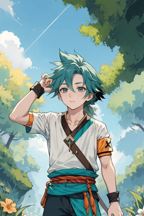  1boy, wzry ,qi ,green hair, sky ,flower, cute, :), Armband, Wrist guard, Little braid ,strapless , houtufeng, sboe, loli