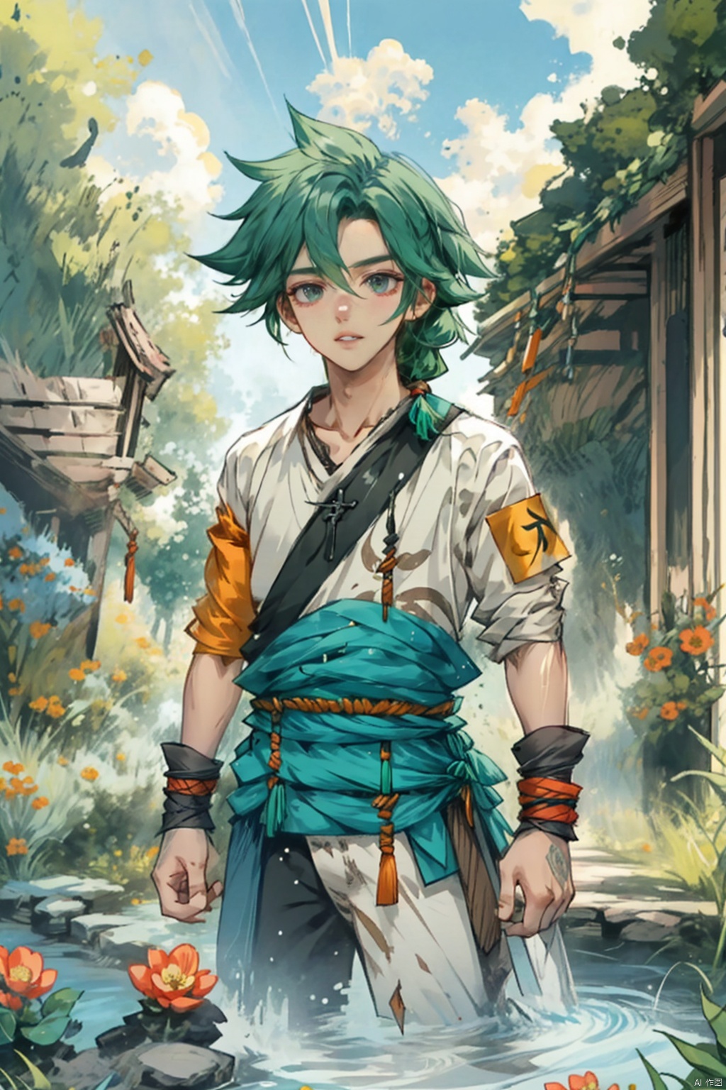  1boy, wzry ,qi ,green hair, sky ,flower, cute, :), Armband, Wrist guard, Little braid ,strapless , houtufeng, sboe, loli, cozy animation scenes