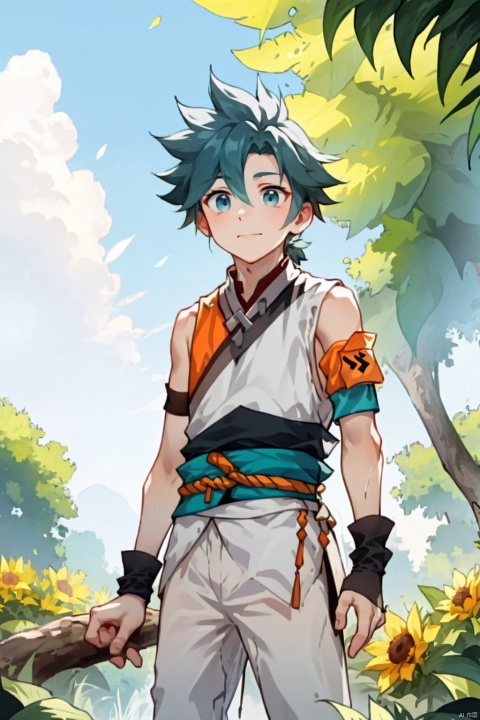  1boy, wzry ,qi ,green hair, sky ,flower, cute, :),  Armband, Wrist guard, Braid ,strapless , houtufeng