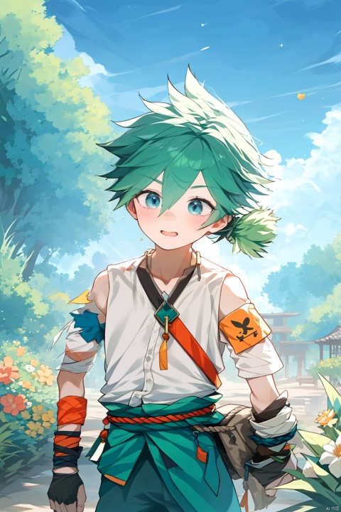  1boy, wzry ,qi ,green hair, sky ,flower, cute, :), Armband, Wrist guard, Little braid ,strapless , houtufeng, sboe, loli, cozy animation scenes