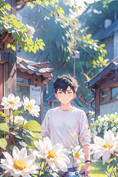  (official art, 8k wallpaper, ultra detailed, High quality, best quality) ,1boy, male focus, hair between eyes,Facing the camera,vintage filter,among flowers, backlight, lhj,bright light, sboe, Close range, colorful flowers ,white flowers