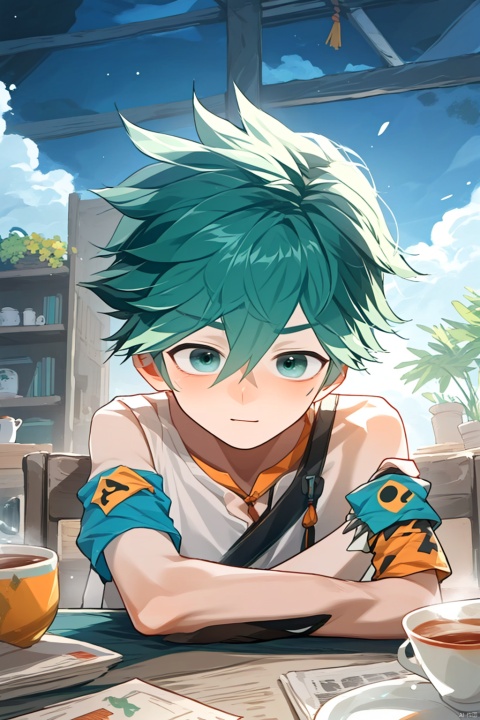  1boy, wzry ,qi ,green hair, sky ,flower, cute, :), Armband, Wrist guard, Little braid ,strapless , houtufeng, sboe, loli, cozy animation scenes