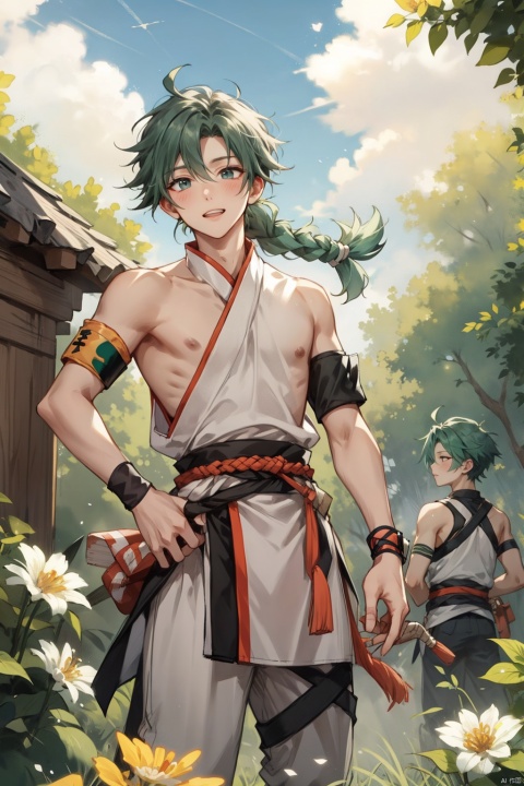  1boy, wzry ,qi ,green hair, sky ,flower, cute, :), Armband, Wrist guard, Braid ,strapless , houtufeng