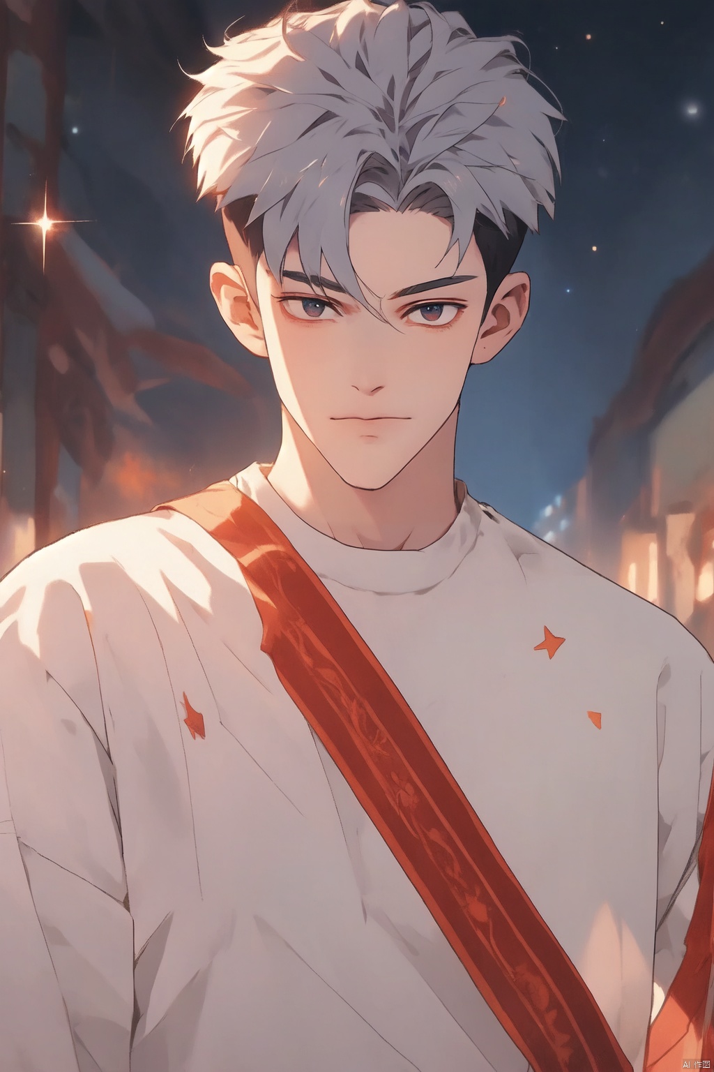  1boy, masterpiece,quiff, detailed eyes, solo, upper body,sboe,juvenile,Becoming a man, Formed by light,starry_background, cozy anime, qi,wzry