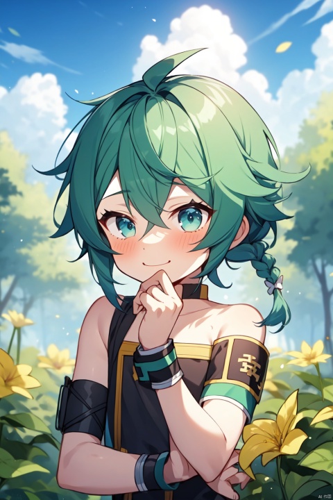  1boy, wzry ,qi ,green hair, sky ,flower, cute, :), Armband, Wrist guard, Little braid ,strapless , houtufeng, sboe, loli, cozy animation scenes