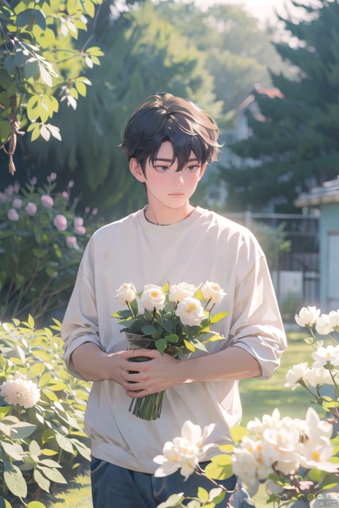  (official art, 8k wallpaper, ultra detailed, High quality, best quality),white flowers ,1boy, male focus, hair between eyes,Facing the camera,vintage filter,among flowers, backlight, lhj,bright light, sboe, Close range