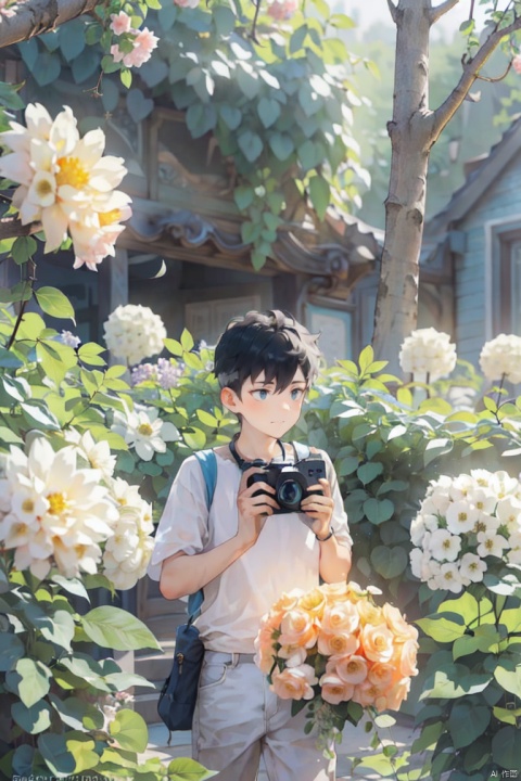  (official art, 8k wallpaper, ultra detailed, High quality, best quality),white flowers ,1boy, male focus, hair between eyes,Facing the camera,vintage filter,among flowers, backlight, lhj,bright light, sboe, Close range, colorful flowers