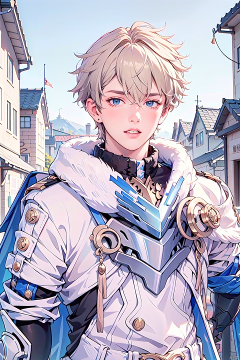  masterpiece,best quality, highly detailed, 1boy,gepard landau,looking at viewer,male focus,solo,armor,closed mouth,fur trim,upper body,smile,blue cape,fur collar,gauntlets,, houtufeng, qi, sboe, jiepade