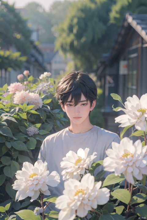  (official art, 8k wallpaper, ultra detailed, High quality, best quality),white flowers ,1boy, male focus, hair between eyes,Facing the camera,vintage filter,among flowers, backlight, lhj,bright light, sboe, Close range, colorful flowers