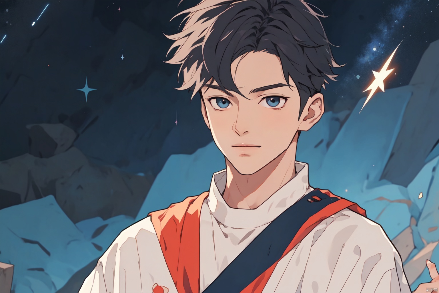  1boy, masterpiece,quiff, detailed eyes, solo, upper body,sboe,juvenile,Becoming a man, Formed by light,starry_background, cozy anime, qi,wzry