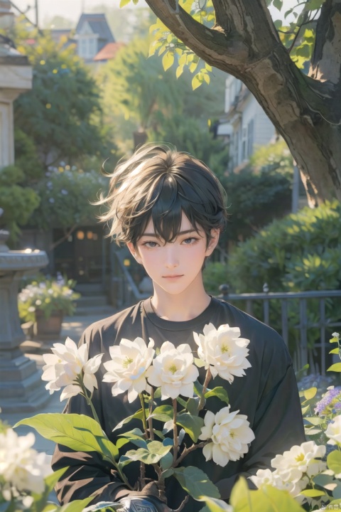  (official art, 8k wallpaper, ultra detailed, High quality, best quality),white flowers ,1boy, male focus, hair between eyes,Facing the camera,vintage filter,among flowers, backlight, lhj,bright light, sboe, Close range, colorful flowers