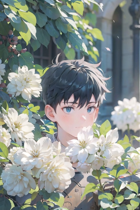  (official art, 8k wallpaper, ultra detailed, High quality, best quality),white flowers ,1boy, male focus, hair between eyes,Facing the camera,vintage filter,among flowers, backlight, lhj,bright light, sboe, Close range, colorful flowers