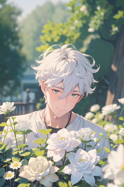  (official art, 8k wallpaper, ultra detailed, High quality, best quality),white flowers ,1boy, male focus, hair between eyes,Facing the camera,vintage filter,among flowers, backlight, lhj,bright light, sboe, Close range, colorful flowers