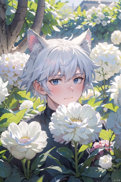  (official art, 8k wallpaper, ultra detailed, High quality, best quality),white flowers ,1boy, male focus, hair between eyes,Facing the camera,vintage filter,among flowers, backlight, lhj,bright light, sboe, Close range, colorful flowers