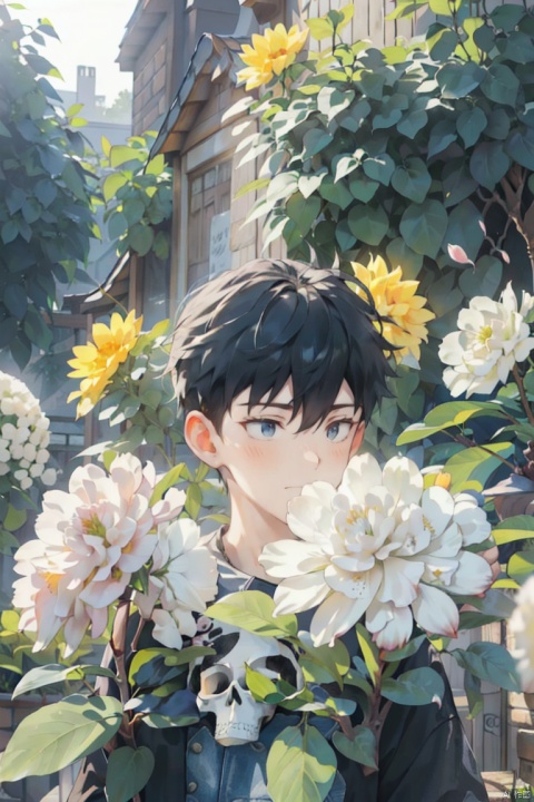 (official art, 8k wallpaper, ultra detailed, High quality, best quality),white flowers ,1💀boy, male focus, hair between eyes,Facing the camera,vintage filter,among flowers, backlight, lhj,bright light, sboe, Close range, colorful flowers