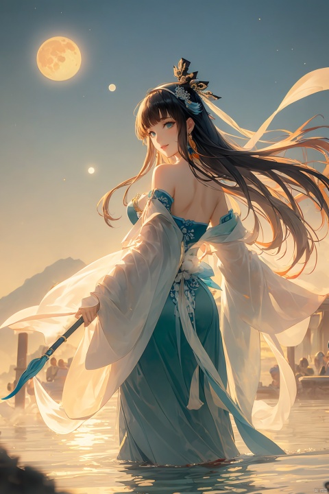  masterpiece, best quality, aqua eyes, stare, blunt bangs, long hair, moon, sky, longeyelashes, beautiful detailed eyes, light smile, looking back, girl, female, black hair, straight hair, white hairband, hair censor, qingyi, , Gauze Skirt, Ink scattering_Chinese style, qingsha, smwuxia Chinese text blood weapon:sw, gf-hd, guoflinke, xihuabeauty,strapless , lhj, ahj