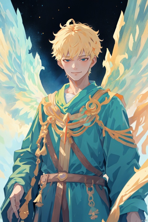  1boy, masterpiece,quiff, detailed eyes, solo, upper body,sboe,juvenile,Becoming a man, Formed by light,starry_background, cozy anime, glowing angelic being, glowing aura around he, ethereal wings, beautiful fantasy art, very beautiful fantasy art,Sacred, Sacred Atmosphere, Sacred Sense, flat,smile, gold powder, miji