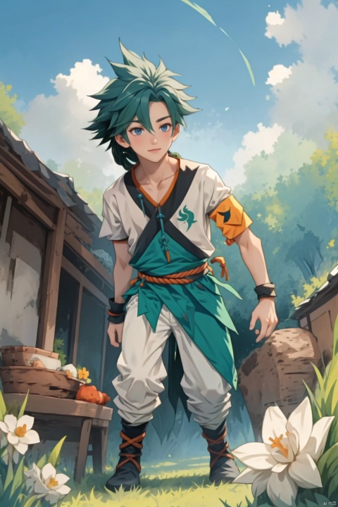  1boy, wzry ,qi ,green hair, sky ,flower, cute, :), Armband, Wrist guard, Little braid ,strapless , houtufeng, sboe, loli, cozy animation scenes