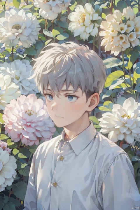  (official art, 8k wallpaper, ultra detailed, High quality, best quality),white flowers ,1boy, male focus, hair between eyes,Facing the camera,vintage filter,among flowers, backlight, lhj,bright light, sboe, Close range, colorful flowers