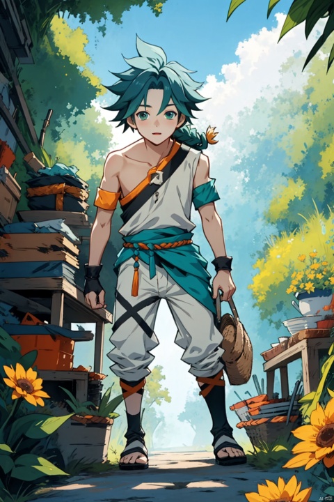  1boy, wzry ,qi ,green hair, sky ,flower, cute, :), Armband, Wrist guard, Little braid ,strapless , houtufeng, sboe, loli, cozy animation scenes