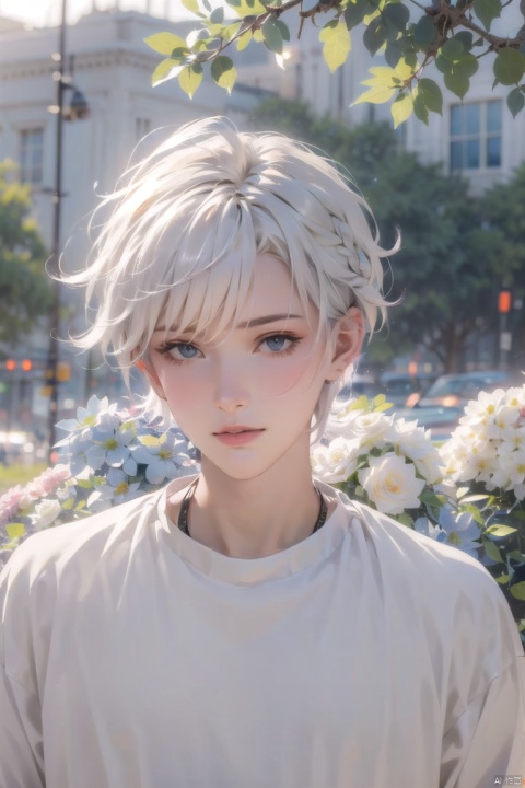  (official art, 8k wallpaper, ultra detailed, High quality, best quality),white flowers ,1boy, male focus, hair between eyes,Facing the camera,vintage filter,among flowers, backlight, lhj,bright light, sboe, Close range, colorful flowers