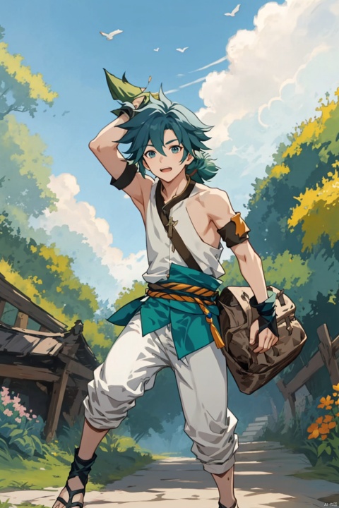  1boy, wzry ,qi ,green hair, sky ,flower, cute, :), Armband, Wrist guard, Braid ,strapless , houtufeng, sboe, loli