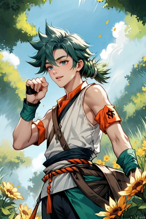  1boy, wzry ,qi ,green hair, sky ,flower, cute, :),  Armband, Wrist guard, Braid ,strapless , houtufeng