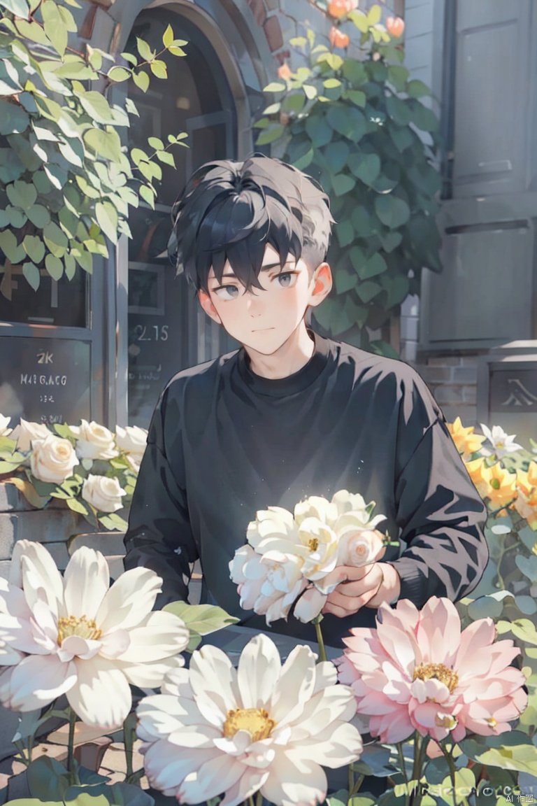 (official art, 8k wallpaper, ultra detailed, High quality, best quality),white flowers ,1💀boy, male focus, hair between eyes,Facing the camera,vintage filter,among flowers, backlight, lhj,bright light, sboe, Close range, colorful flowers