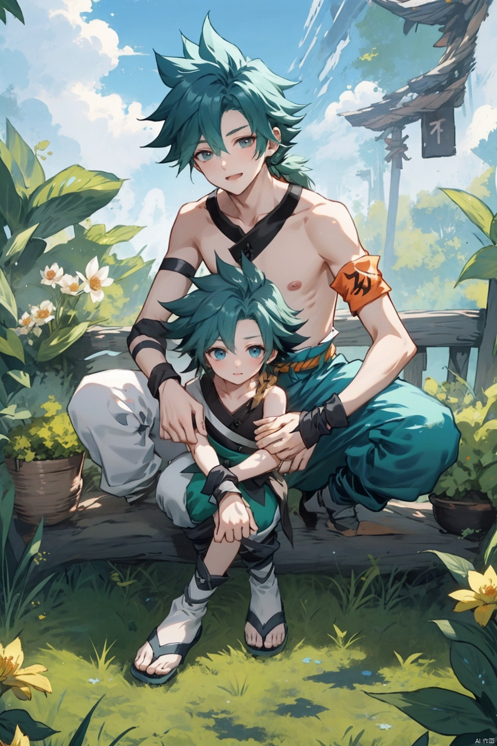  1boy, wzry ,qi ,green hair, sky ,flower, cute, :), Armband, Wrist guard, Little braid ,strapless , houtufeng, sboe, loli, cozy animation scenes