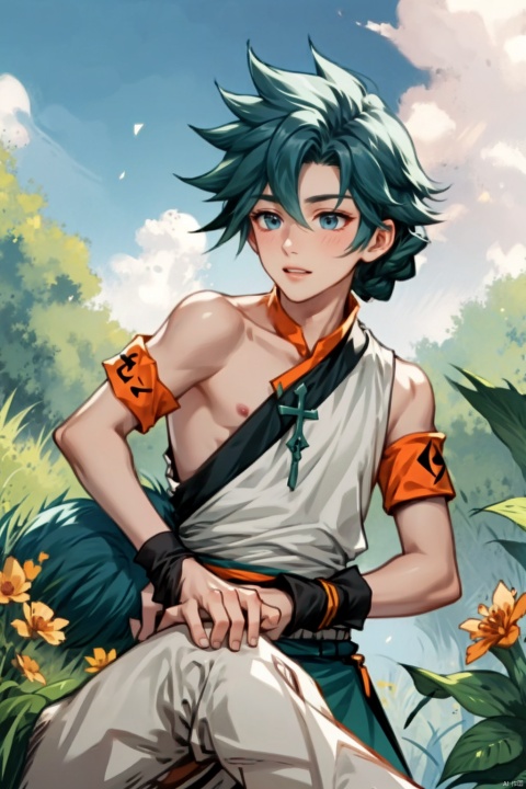  1boy, wzry ,qi ,green hair, sky ,flower, cute, :),  Armband, Wrist guard, Braid ,strapless , houtufeng