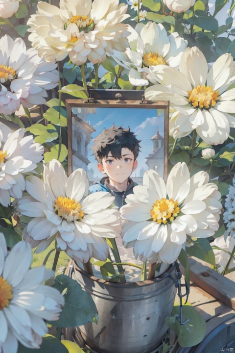  (official art, 8k wallpaper, ultra detailed, High quality, best quality),white flowers ,1boy, male focus, hair between eyes,Facing the camera,vintage filter,among flowers, backlight, lhj,bright light, sboe, Close range, colorful flowers