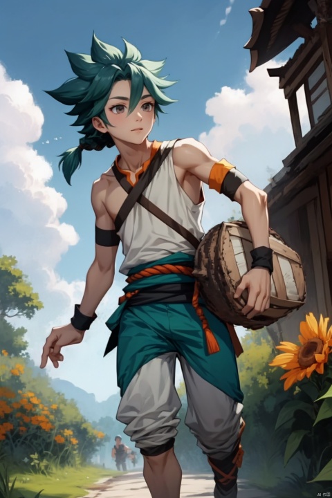  1boy, wzry ,qi ,green hair, sky ,flower, cute, :),  Armband, Wrist guard, Braid ,strapless , houtufeng