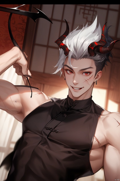 houtufeng,letterboxed,Male Focus, Handsome Male, Back Headed, Smiling, Scars on Face, Sexy, Indoor, Exposed Muscles, Devil's Horn, Earrings, Exposed Muscles, Demon Horn