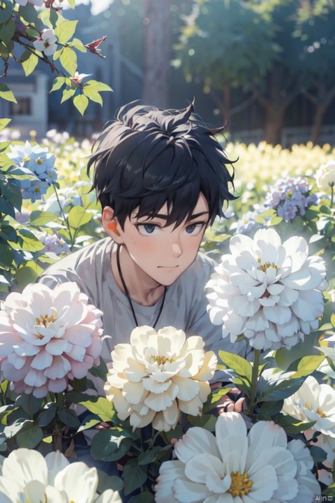  (official art, 8k wallpaper, ultra detailed, High quality, best quality),white flowers ,1boy, male focus, hair between eyes,Facing the camera,vintage filter,among flowers, backlight, lhj,bright light, sboe, Close range, colorful flowers