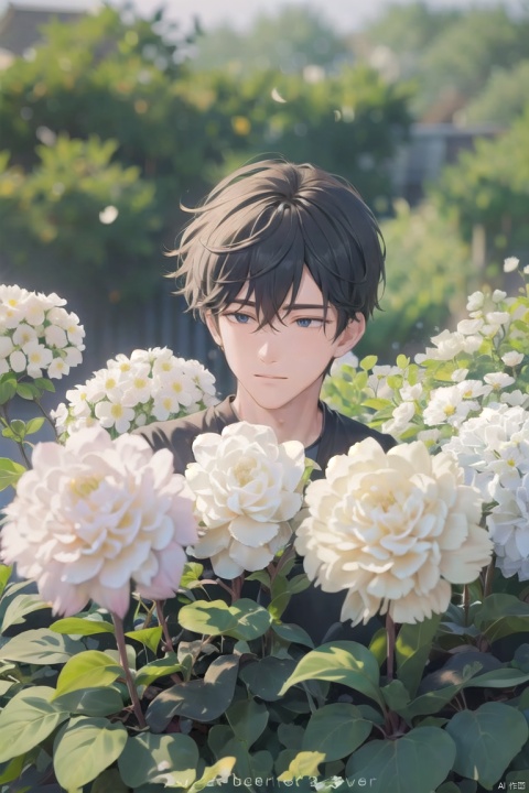  (official art, 8k wallpaper, ultra detailed, High quality, best quality),white flowers ,1boy, male focus, hair between eyes,Facing the camera,vintage filter,among flowers, backlight, lhj,bright light, sboe, Close range, colorful flowers