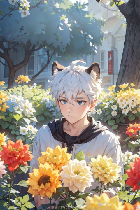  (official art, 8k wallpaper, ultra detailed, High quality, best quality),white flowers ,1boy, male focus, hair between eyes,Facing the camera,vintage filter,among flowers, backlight, lhj,bright light, sboe, Close range, colorful flowers