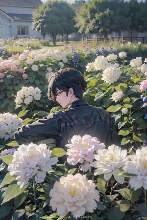  (official art, 8k wallpaper, ultra detailed, High quality, best quality),white flowers ,1boy, male focus, hair between eyes,Facing the camera,vintage filter,among flowers, backlight, lhj,bright light, sboe, Close range, colorful flowers