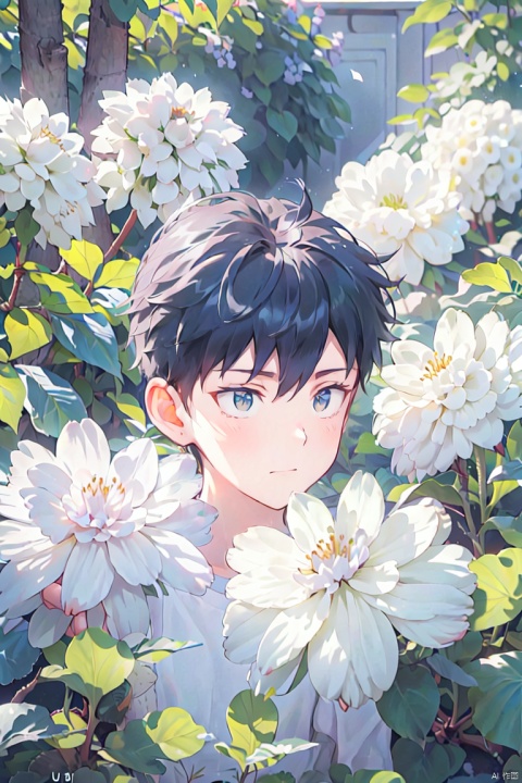  (official art, 8k wallpaper, ultra detailed, High quality, best quality) ,1boy, male focus, hair between eyes,Facing the camera,vintage filter,among flowers, backlight, lhj,bright light, sboe, Close range, colorful flowers ,white flowers