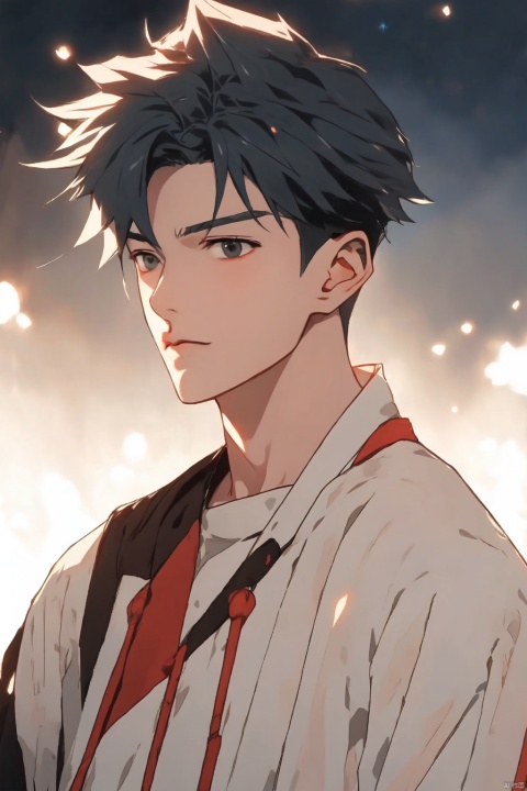  1boy, masterpiece,quiff, detailed eyes, solo, upper body,sboe,juvenile,Becoming a man, Formed by light,starry_background, cozy anime, qi,wzry